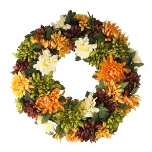 Northlight Autumn Orange and Green Chrysanthemum Artificial Thanksgiving Wreath - 19.5-Inch, Unlit - 1 of 3