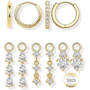 Mix & Match Earring Charms Set, 14K Gold Plated & 925 Sterling Silver Huggie Hoops with CZ Dangles, Hypoallergenic Unisex Jewelry - 1 of 4