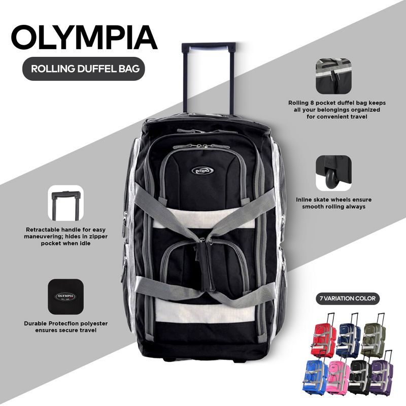 Olympia 8 Pocket U Shape Rolling Polyester Duffel Luggage Bag Suitcase with Push Button Hide Away Retractable Handle, 5 of 7
