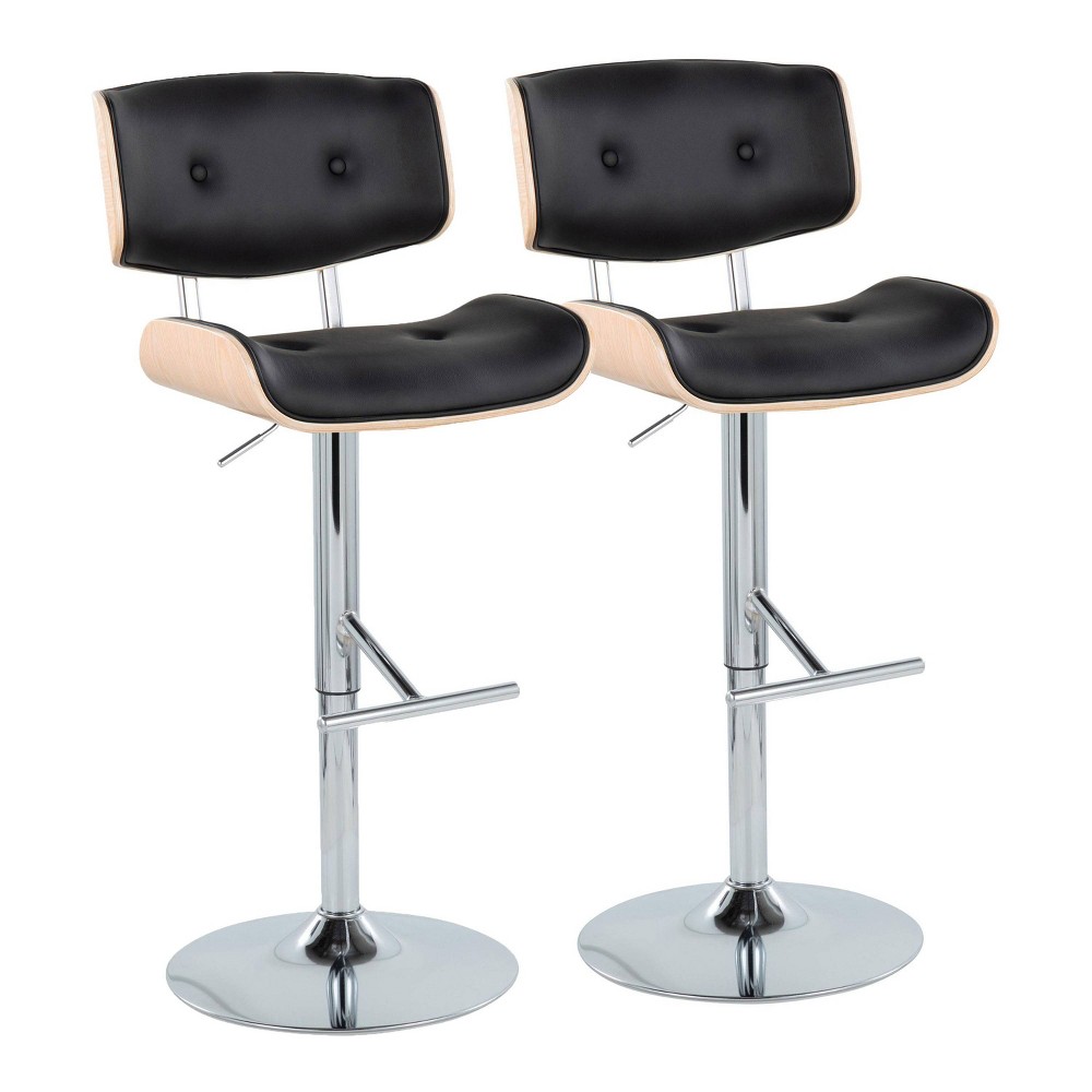 LumiSource Set of 2 Lombardi Adjustable Barstools Chrome/Natural/Black: Swivel, Upholstered, Footrest, Foam Filled