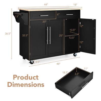 Black MDF and Rubberwood Kitchen Island Trolley Cart with Knife Block