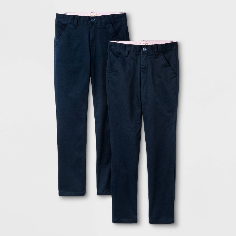 size 16 Girls' 2pk Flat Front Stretch Uniform Skinny Pants - Cat & Jack Navy, Blue