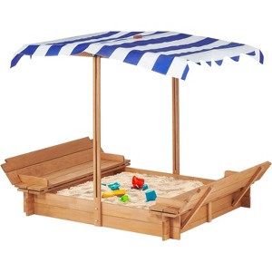 KTMBDW Wooden Sandbox with Lid, Kids Sandbox with Canopy Outdoor, Sandboxes with Covers Foldable Bench Seats for Backyard, Gift for Ages 2-8 - 1 of 4