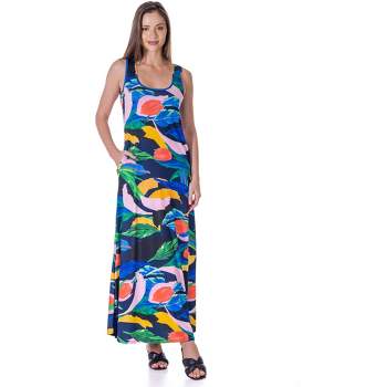 24seven Comfort Apparel Womens Teal Floral Print Sleeveless Casual Maxi Dress With Pockets