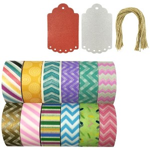 Wrapables Set of 12 Washi Tapes Decorative Masking Tapes + 20 Shimmer Tags - 1 of 4
