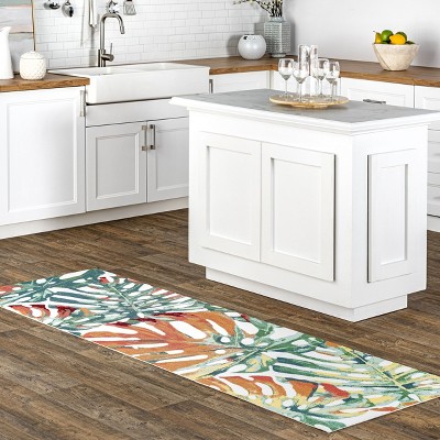Reversible Red and Green Synthetic Floral Runner Rug