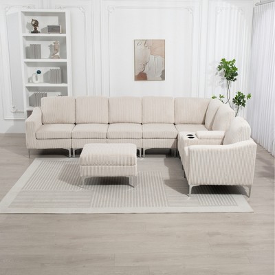 129.14" Convertible Corduroy Modular Sectional Sofa with Storage Ottoman, Console and USB Ports