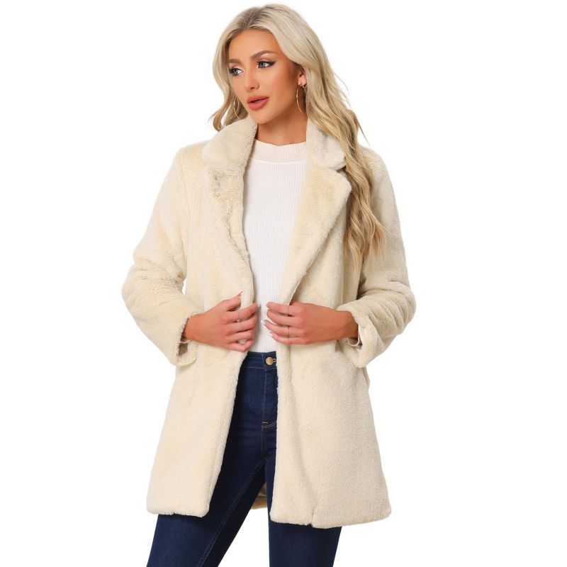 Allegra K Women's Lapel Collar Faux Fur Fuzzy Winter Long Overcoat with Pockets, 1 of 6