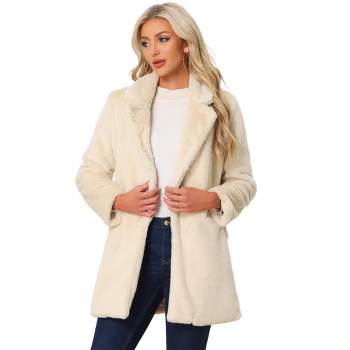 Allegra K Women's Lapel Collar Faux Fur Fuzzy Winter Long Overcoat with Pockets