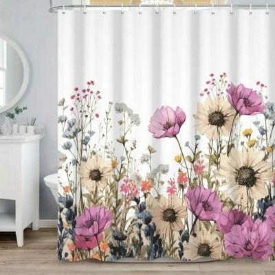 LunaLulinlk Spring Floral Shower Curtain,Pink Flowers Waterproof Polyster Bathroom Curtain