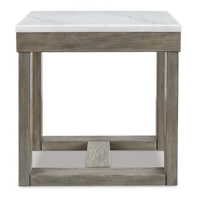 Light Brown Wood End Table with White Marble Top