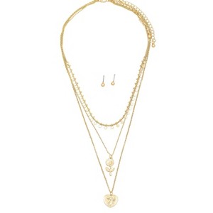 Slickblue Women's Layered Necklace & Ball Earring Set, Flower Heart Pendant & Angel Charm, Gold, 16"+2" - 1 of 3
