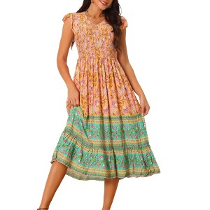 Seta T Women's Floral Flutter Sleeve V Neck Smocked High Waist Flowy Boho Dress - 1 of 4