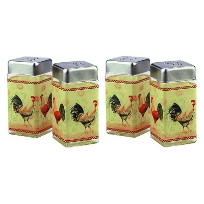 Grant Howard 4 Ounce Capacity Modern Square Glass Rooster Design Salt and Pepper Shaker Set for Kitchen and Dining Table, Multicolor (2 Pack)