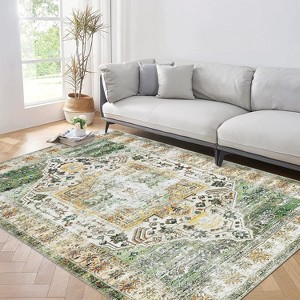 2'x6' Machine Washable Runner Rug, Non-Slip Backing, Vintage Low Pile, Boho Style for Kitchen, Entryway, Laundry Room, Blue - 1 of 4