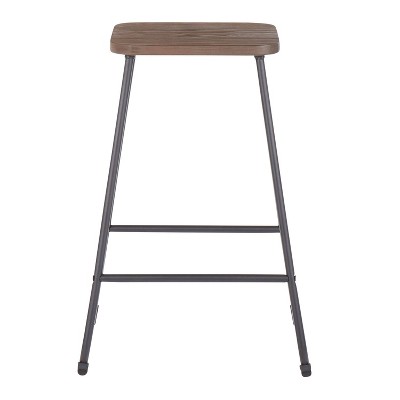 Industrial Black Metal and Espresso Wood Backless Counter Stools, Set of 2