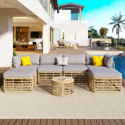 SKRAN 7 Pieces Outdoor Patio Furniture, All-Weather Rattan Sectional Sofa Set with Thick Cushions and Pillows for Backyard, Balcony, Gray