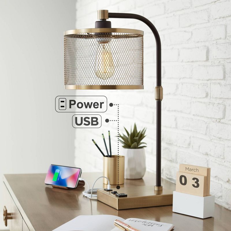 360 Lighting Brody Industrial Desk Lamp 22 1/4" High Antique Brass with USB and AC Power Outlet in Base Black Perforated Metal Shade for Living Room, 3 of 11