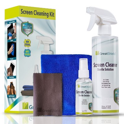 GreatShield Screen Cleaning Kit - 16oz Spray Bottle w/ solution, 2oz Bottle w/ solution, Blue Microfiber Cloth Brown Microfiber Screen Cleaning Cloth