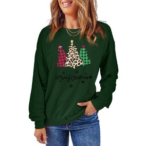 Womens Merry Christmas Sweatshirt Funny Christmas Tree Truck Graphic Pullover Casual Long Sleeve Blouse Tops Green - 1 of 4