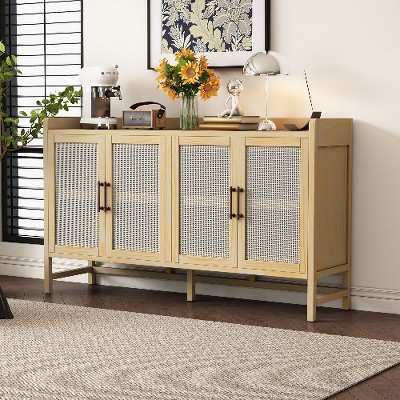 NicBex Cane Design Sideboard Cabinet with Rattan Doors, Rustic Industrial Buffet Cabinet, Kitchen Storage Cabinets with Adjustable Shelves