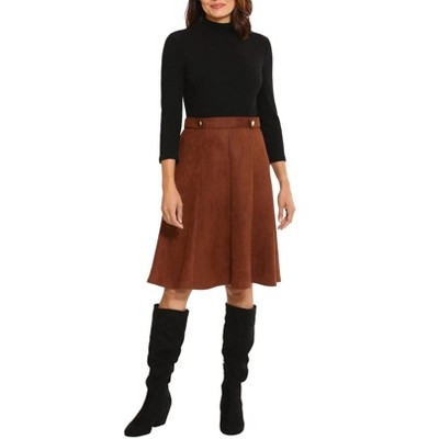 EG PRO Suede Women Skirt High Neck 3/4 Sleeve Ribbed Top Gold Button Detail