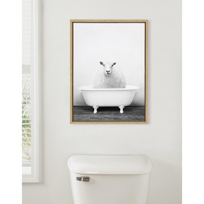 Natural Framed Canvas Print of Sheep in Vintage Tub, 18x24