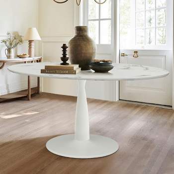 Harris 59'' Artificial Top Oval Dining Table With  Pedestal Base in White-The Pop Maison