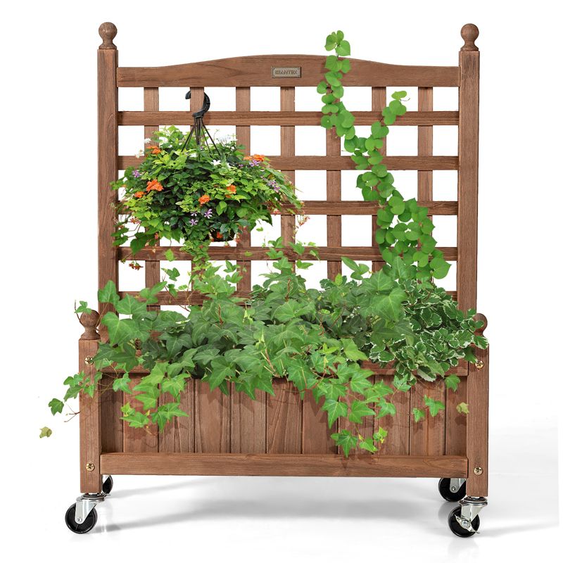 Tangkula 2PC 32in Wood Planter Box with Trellis and Wheels Mobile Plant Raised Bed for Indoor&Outdoor, 3 of 10