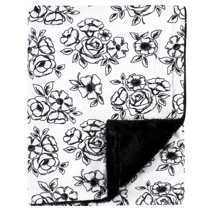 Hudson Baby Infant Girl Plush Blanket with Furry Binding and Back, Black Toile, One Size, 1 of 3