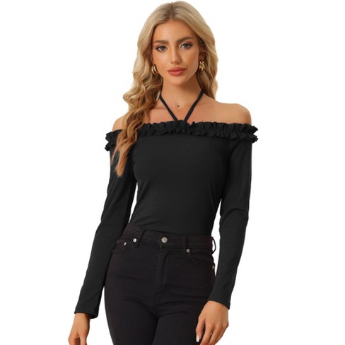 Allegra K Women's Tie Halter Off-shoulder Ruffle Lettuce Trim Slim Fit Long  Sleeve Shirt Black Large : Target