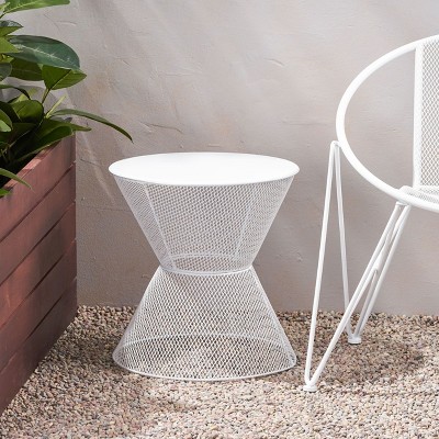Okak 18" Outdoor/Indoor Side Table Modern Iron End Table Hourglass Cage Design Decorative Bistro Table for Patio Garden Yard Deck, White