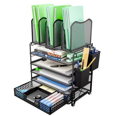 Simple Trending 5 Tier Mesh Desk File Organizer, Paper Letter Tray File Holder with Sliding Drawer Organizer for Office Home, Black