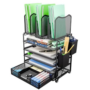 Simple Trending 5 Tier Mesh Desk File Organizer, Paper Letter Tray File Holder with Sliding Drawer Organizer for Office Home, Black - 1 of 4
