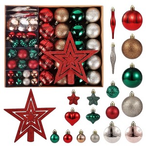 72 Pack Christmas Ornaments Set with Topper & Multi-Size Christmas Ball Ornaments, Hanging Xmas Tree Decorations - 1 of 4