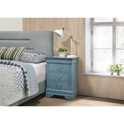 Teal Wood 3-Drawer Nightstand with Real Wood Veneers
