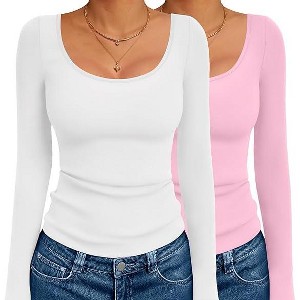 Ekouaer 2 Pack Long Sleeve Shirts for Womens Scoop Neck Tops Slim Fit Undershirts Basic Thermal Tee Shirt - 1 of 4