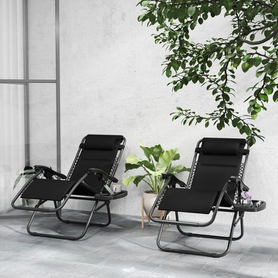 Black Steel Zero Gravity Outdoor Lounge Chairs with Cushions and Tray, Set of 2