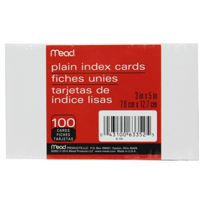 Mead Plain Index Cards, White, 3" x 5",, Pack of 100 (Pack of 20)