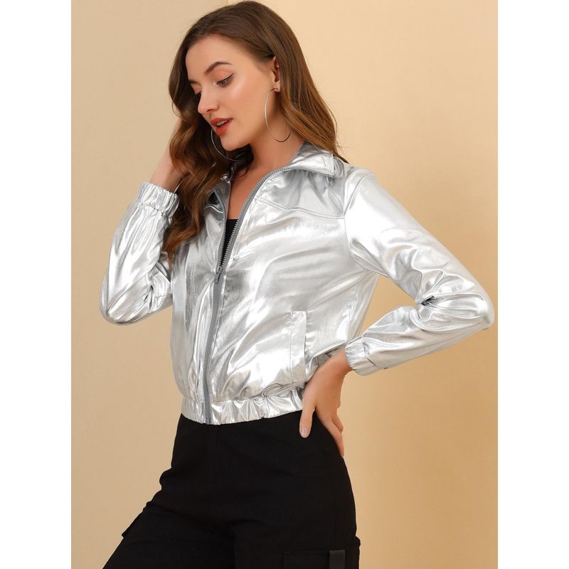 Allegra K Women's Holographic Shiny Long Sleeve Metallic Zip Front Track Jacket, 4 of 7