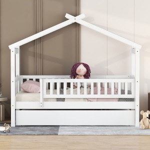 NicBex Twin Size Bunk Bed Classic House Shape Loft Bed Draggable Design Pine Bed Frame with Wheels and Guardrails, No Box Spring Required - 1 of 4