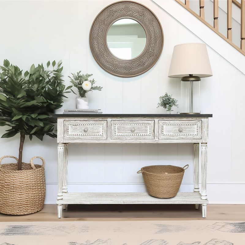 LuxenHome Distressed White Wood and Metal 3-Drawer 1-Shelf Console and Entry Table, 2 of 15