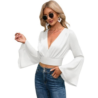 Women's V Neck Long Bell Sleeve Top Wrap Blouse Tie Front Crop Top Long Sleeve Top Tee Shirts