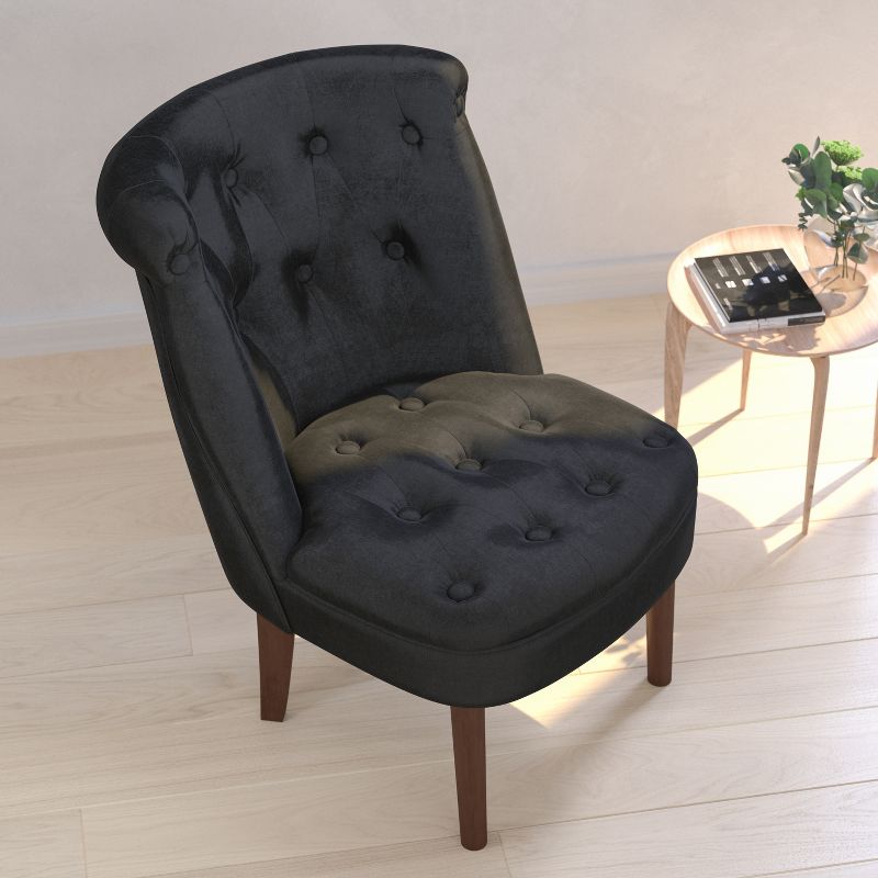Merrick Lane Accent Side Chair with Curved Back and Rounded Seat Black Fabric Button Tufted Chair with Mahogany Finished Wood Legs, 6 of 11