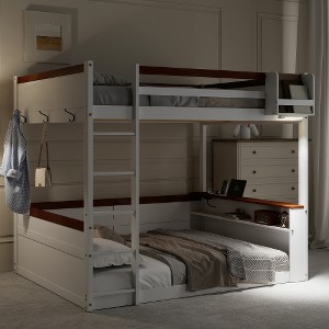 TIRAMISUBEST Queen Bunk Bed with Storage Shelves, LED Lights & USB Charging - White Wooden Space-Saving Bed - 1 of 4
