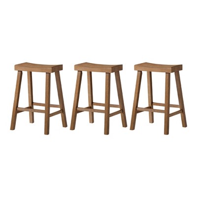 Maven Lane Vincent Backless Rectangular Saddle Kitchen Stool with Rustic Wood Top Seat, Set of 3