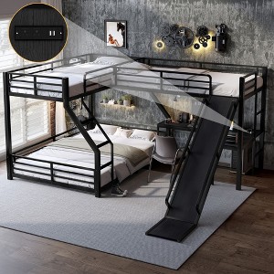 L-Shaped Twin XL over Queen Bunk Bed with Twin Size Loft Bed, Metal Triple Bunk Bed with Slide and USB Ports, Black - 1 of 4