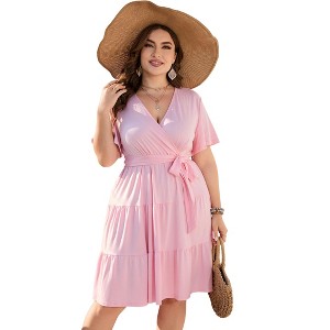 BLUEMING Plus Size Womens Dresses V Neck Floral Flutter Sleeve Midi Surplice Dress Waist Belted Floral Tie Waist Dress Bell Sleeve Dress Flowy Dress - 1 of 4