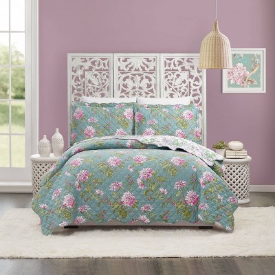 Modern Heirloom 3pc Darling Dahlia Quilt Set Light Blue