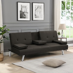 YONWAY Convertible Folding Futon Sofa Bed, with Stainless leg & 2 Cupholders, Wood Frame, for Small Spaces - 1 of 4